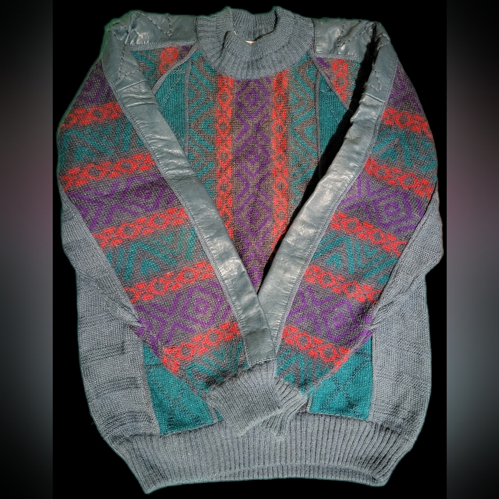 Vintage Juice Oversized Fit Knit Sweater w/ Genuine Leather Trim Striped Size M